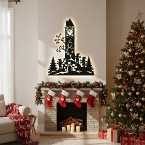 Xmas Laser etched, Monogram Clock Tower Wall Art,
