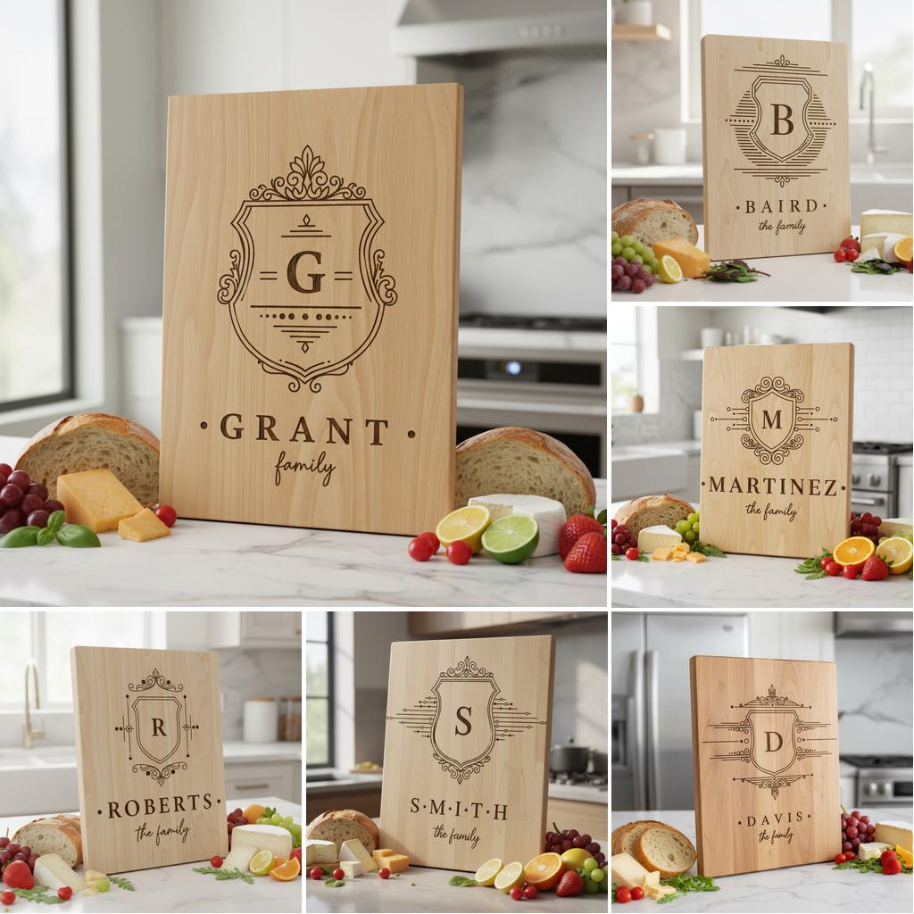 Charcuterie Board Laser Engraving File with Family Crest, Monogram Designs Gift