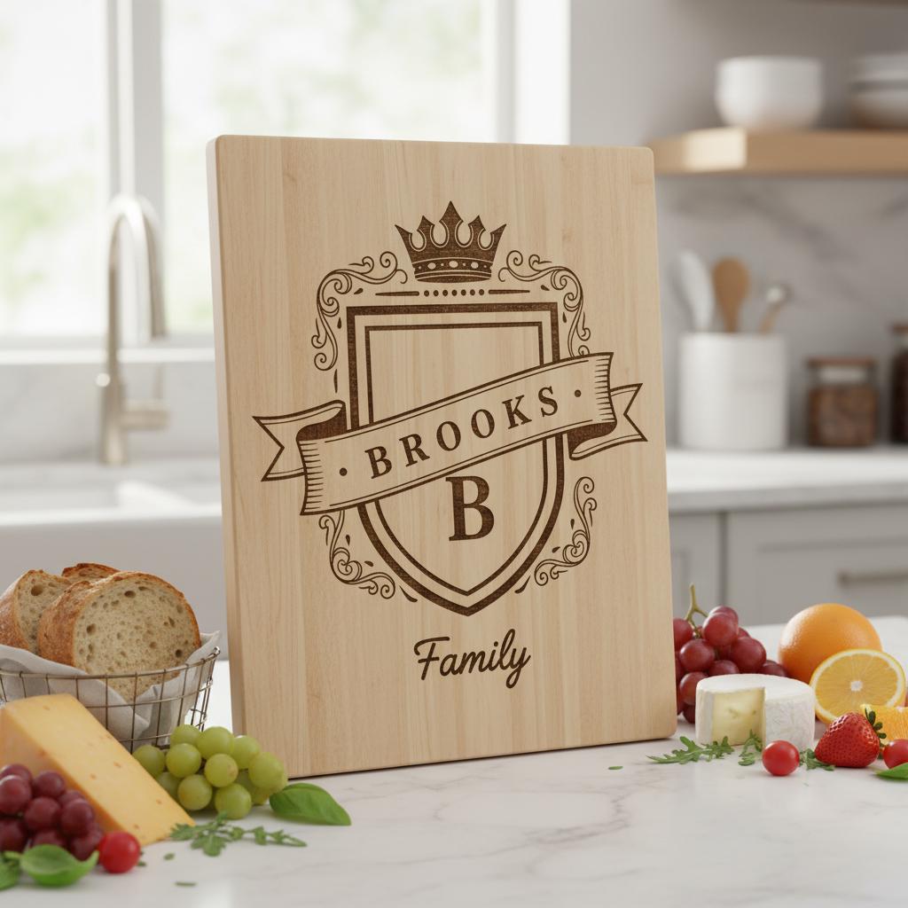 Fichier de gravure laser, monogramme aux armoiries familiales, motif d'écu royal pour planches à charcuterie. – Image 2