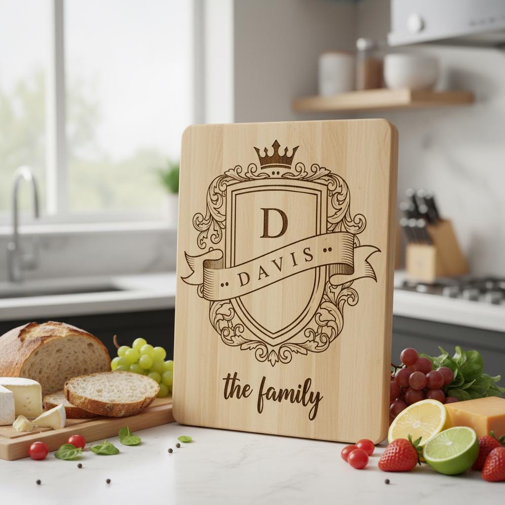 Fichier de gravure laser, monogramme aux armoiries familiales, motif d'écu royal pour planches à charcuterie. – Image 3