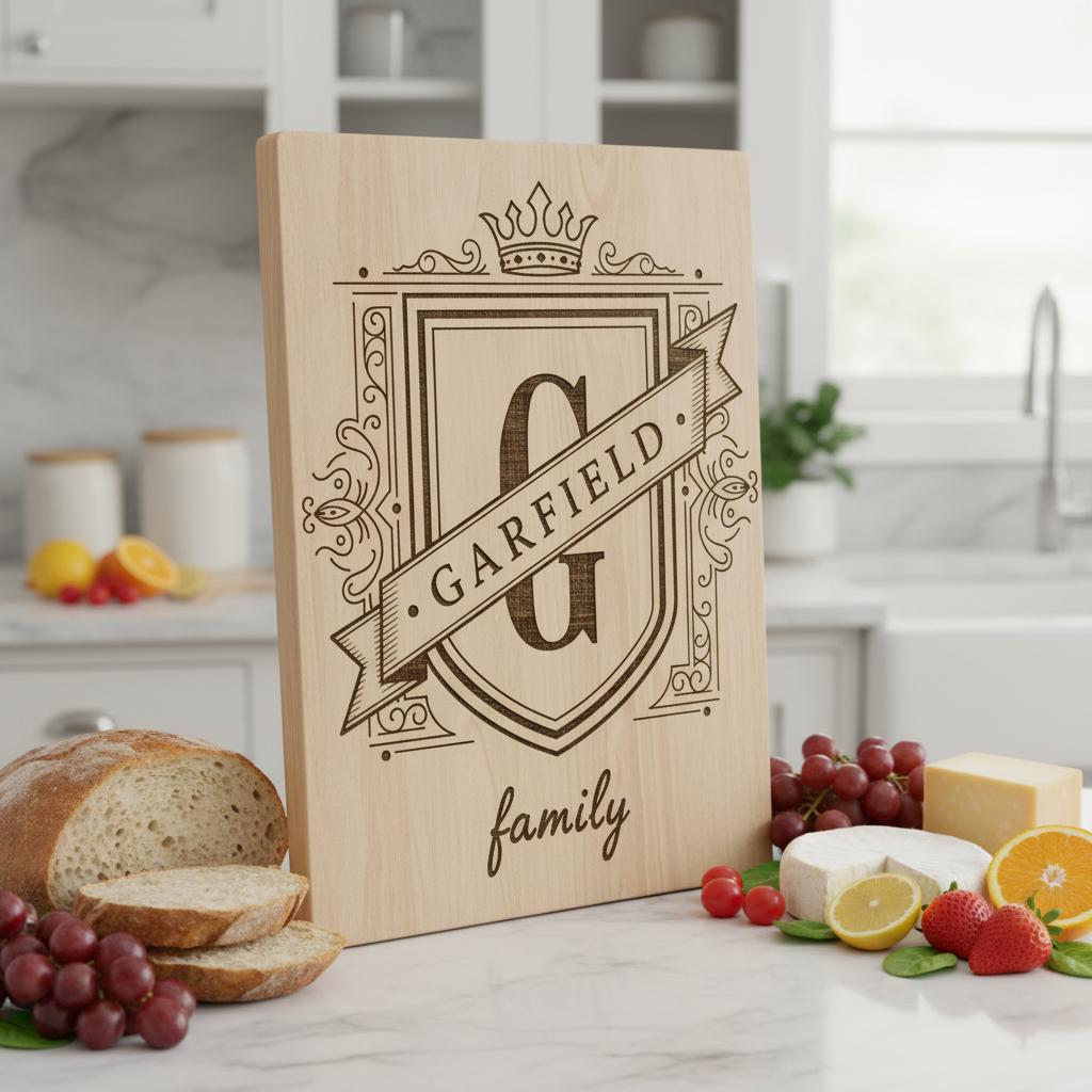 Fichier de gravure laser, monogramme aux armoiries familiales, motif d'écu royal pour planches à charcuterie. – Image 4