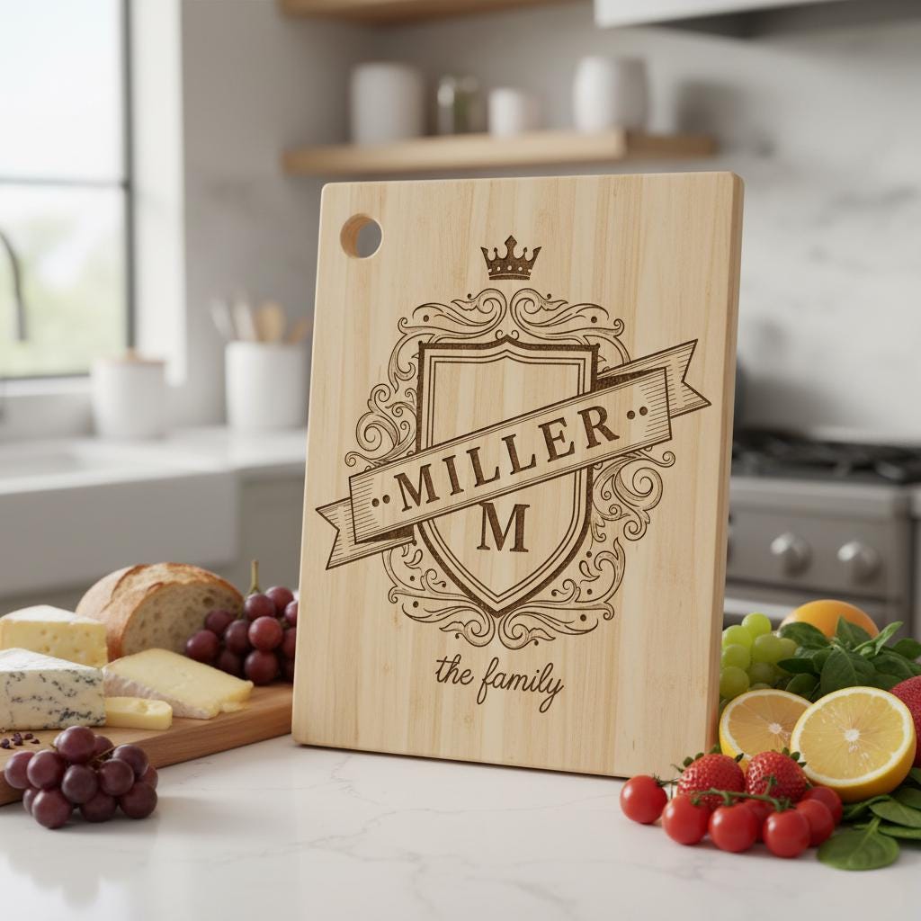 Fichier de gravure laser, monogramme aux armoiries familiales, motif d'écu royal pour planches à charcuterie. – Image 6