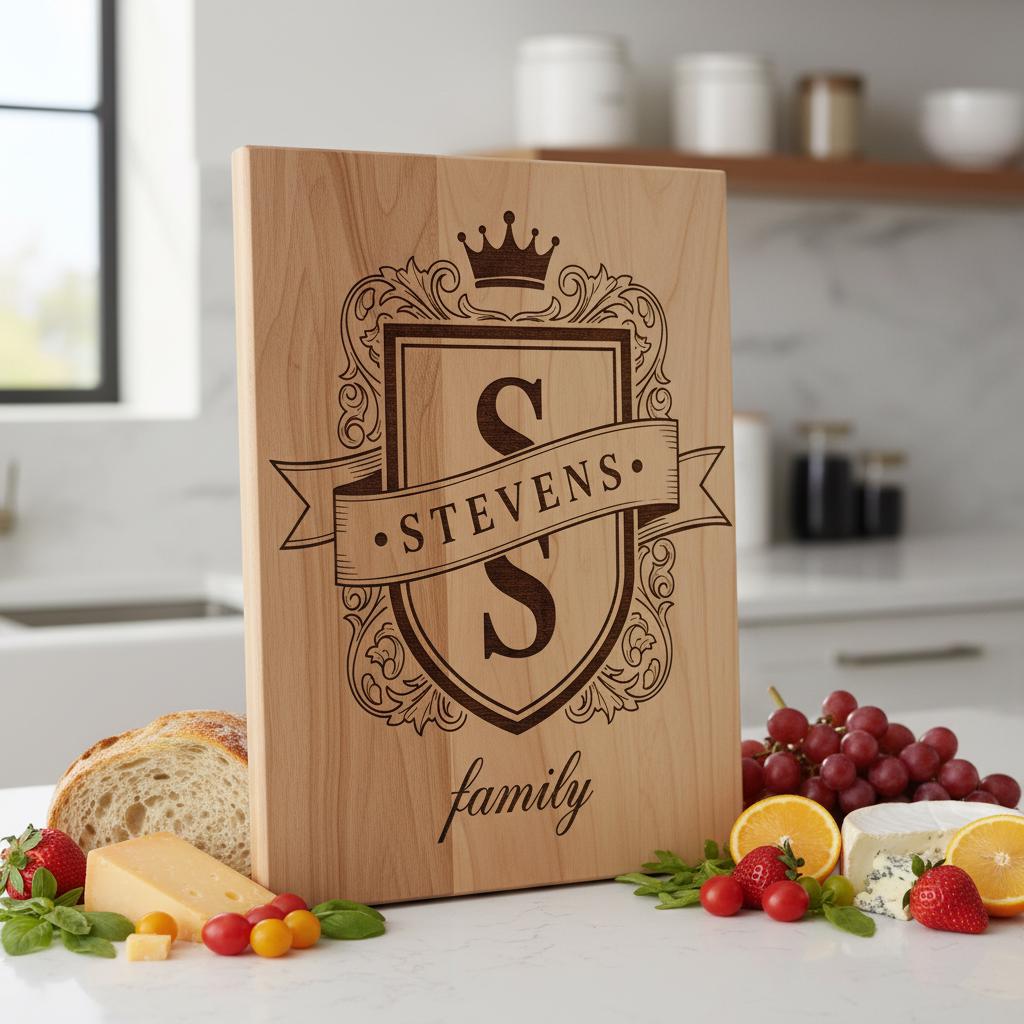 Fichier de gravure laser, monogramme aux armoiries familiales, motif d'écu royal pour planches à charcuterie. – Image 8