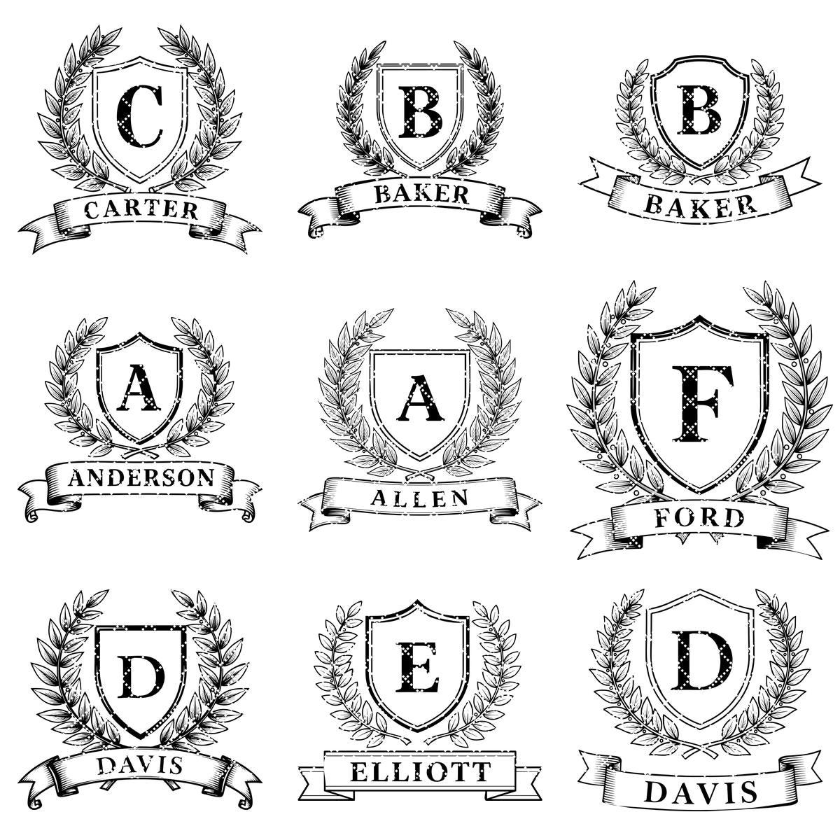 Monogram Alphabet Crest Bundle, Laurel Wreath Designs for Charcuterie Boards, Family Name