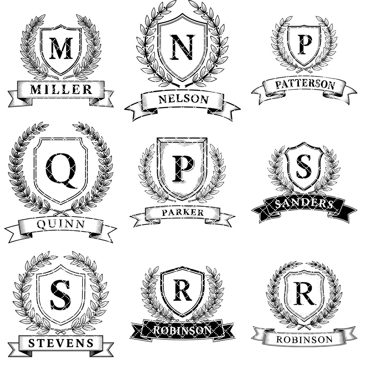 Monogram Alphabet Crest Bundle, Laurel Wreath Designs for Charcuterie Boards, Family Name
