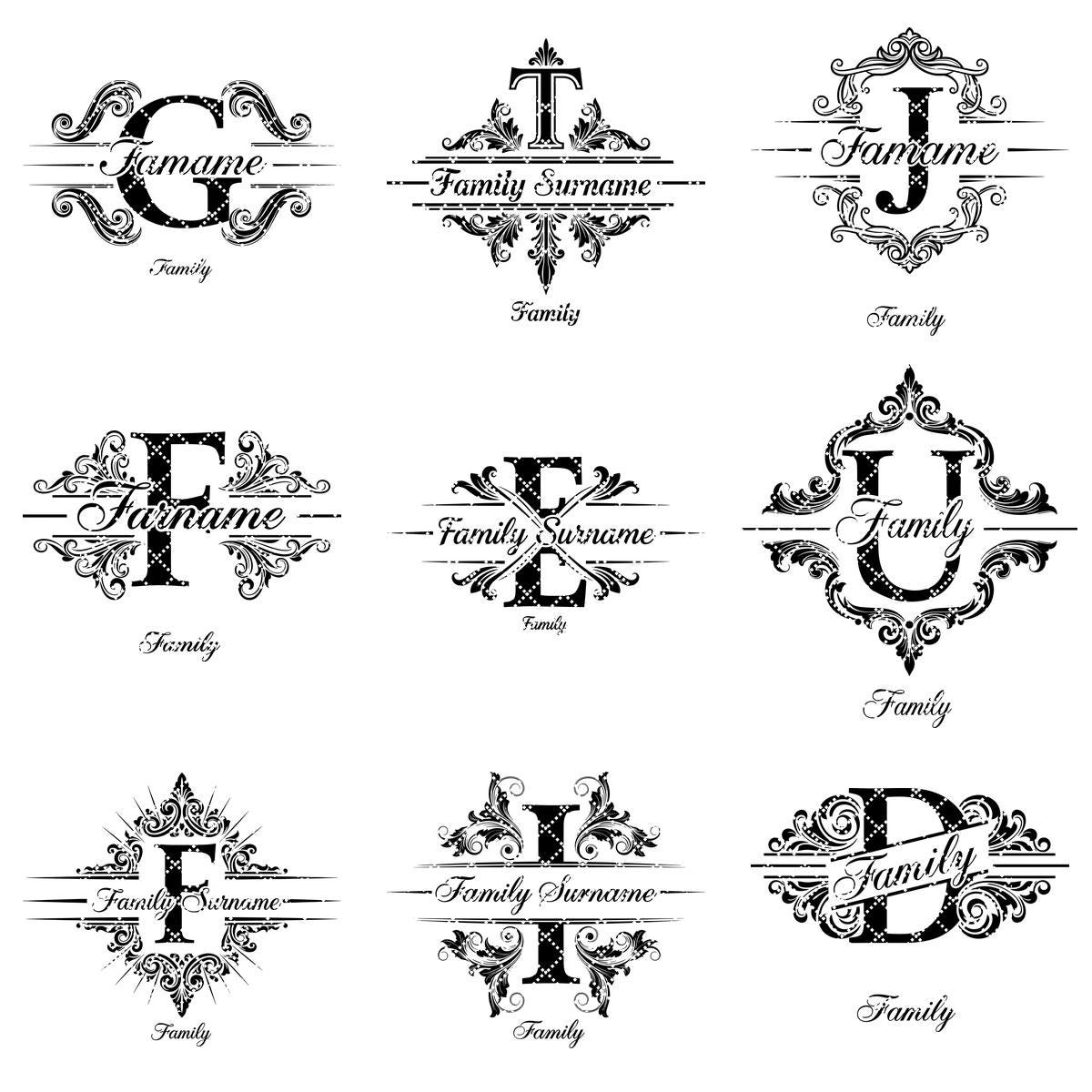 Diseños de grabado de monogramas, 54 archivos de emblemas para tabla de charcutería con apellidos familiares. - Imagen 12
