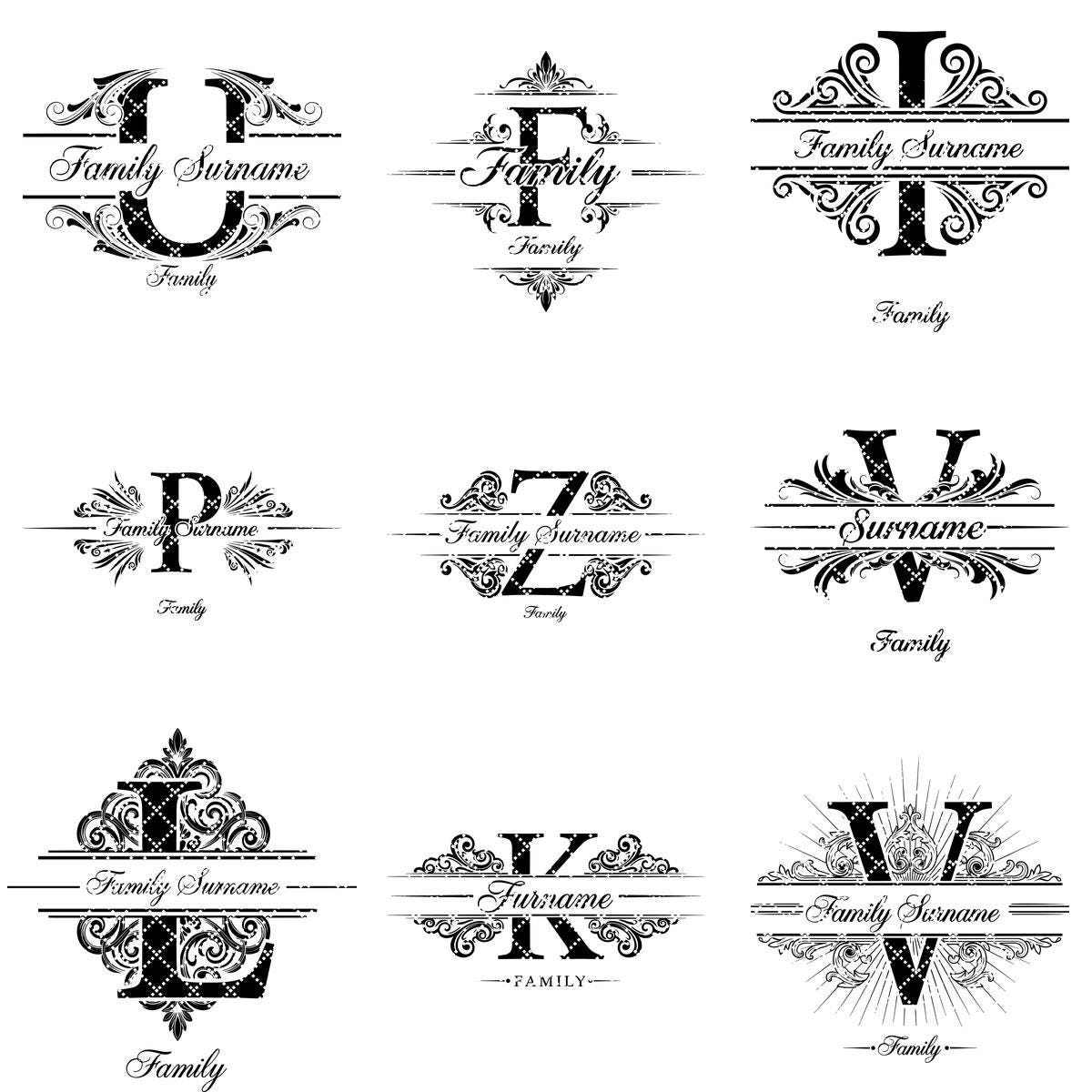 Diseños de grabado de monogramas, 54 archivos de emblemas para tabla de charcutería con apellidos familiares. - Imagen 15