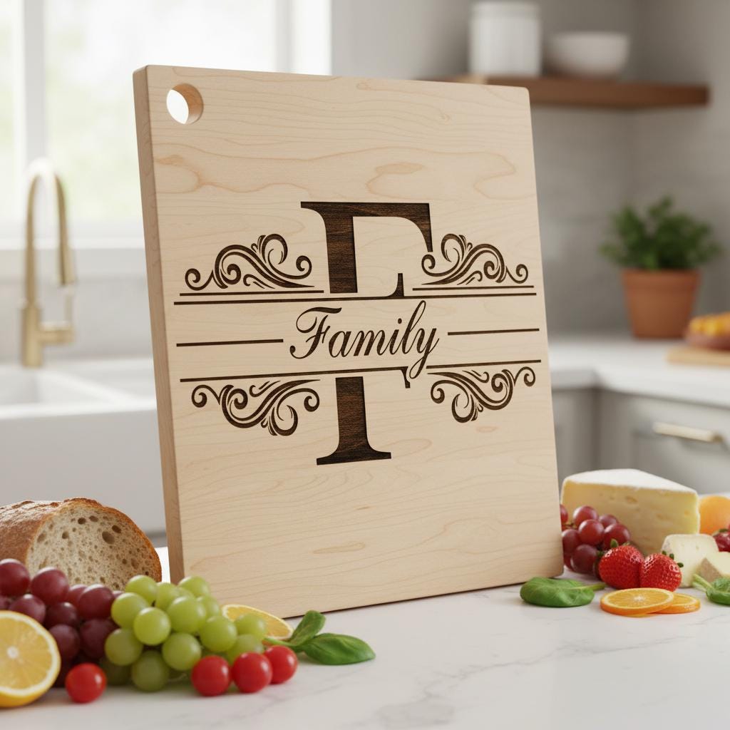 Diseños de grabado de monogramas, 54 archivos de emblemas para tabla de charcutería con apellidos familiares. - Imagen 2