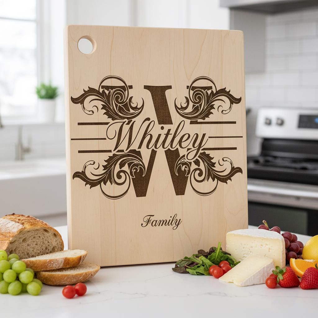 Diseños de grabado de monogramas, 54 archivos de emblemas para tabla de charcutería con apellidos familiares. - Imagen 8