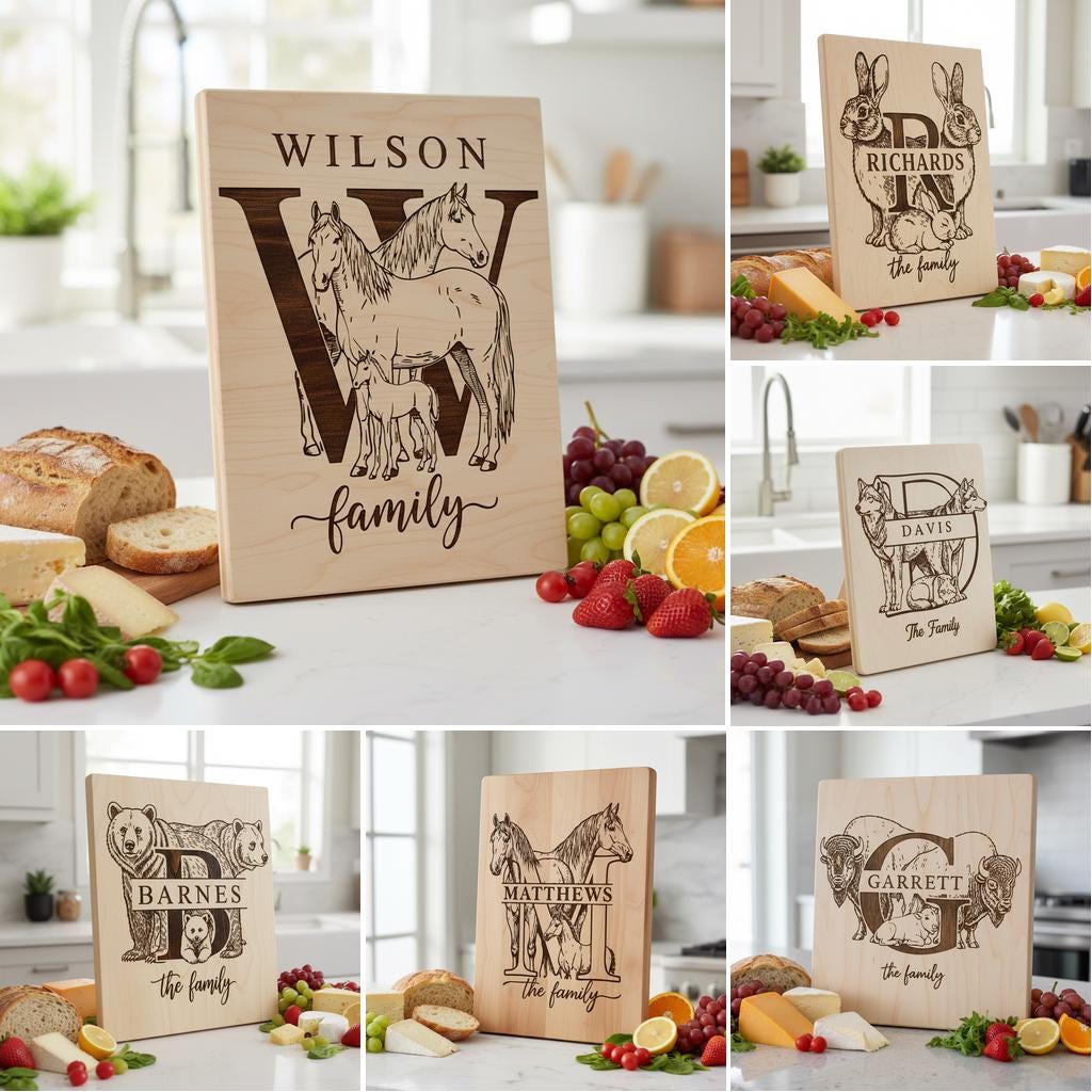 Rustic Monogram Animal Bundle, Family Name Engraving Designs for Charcuterie Gifts