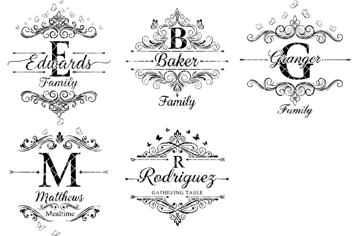 Set di tagliere per salumi con monogramma vintage, file di design per incisione con nome famiglia - immagine 18