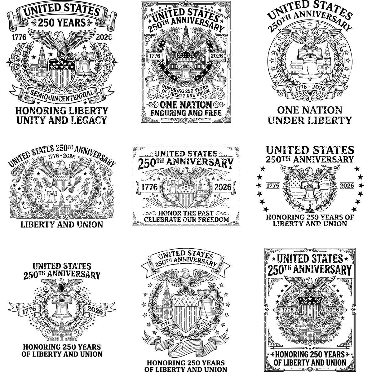 250th Anniversary Patriotic Engraving Designs, USA Board Art Set of 20