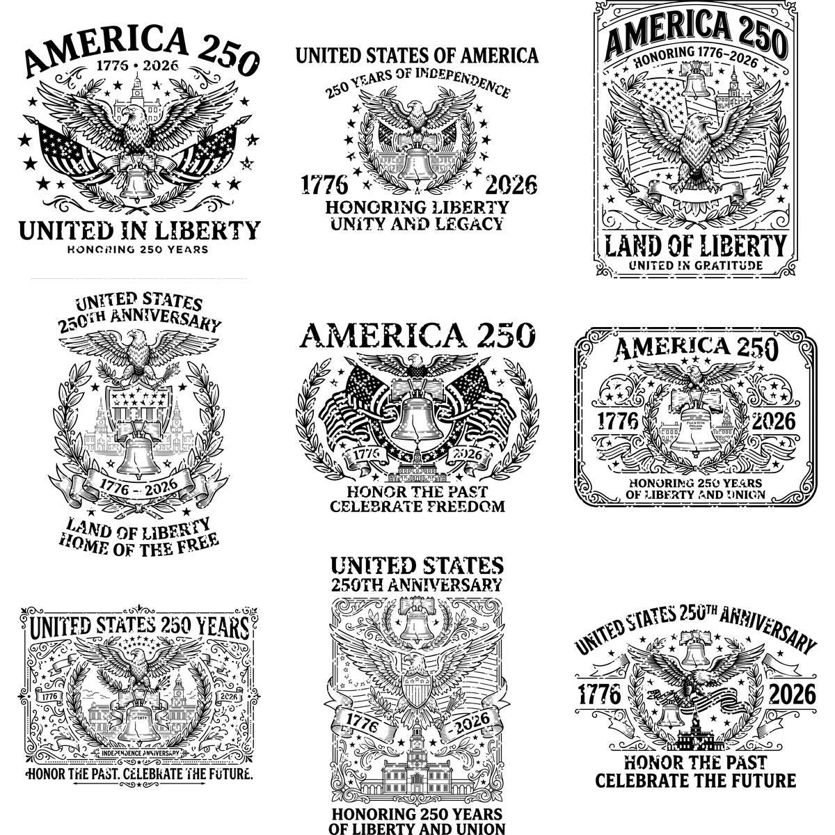 250th Anniversary Patriotic Engraving Designs, USA Board Art Set of 20