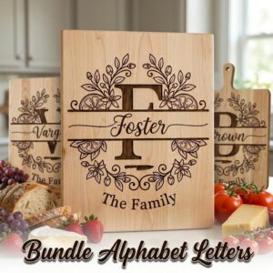 Chopping Board Monogram File, Custom Family Name, Citrus Vine Leaves Design