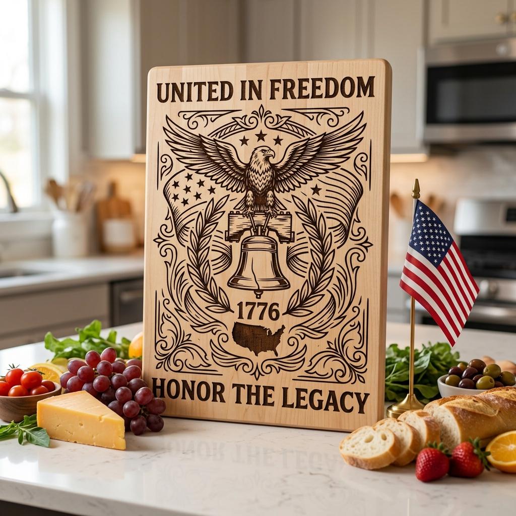 Eagle Flag Laurel Laser Engraving Design, 250th US Anniversary, Chopping Board