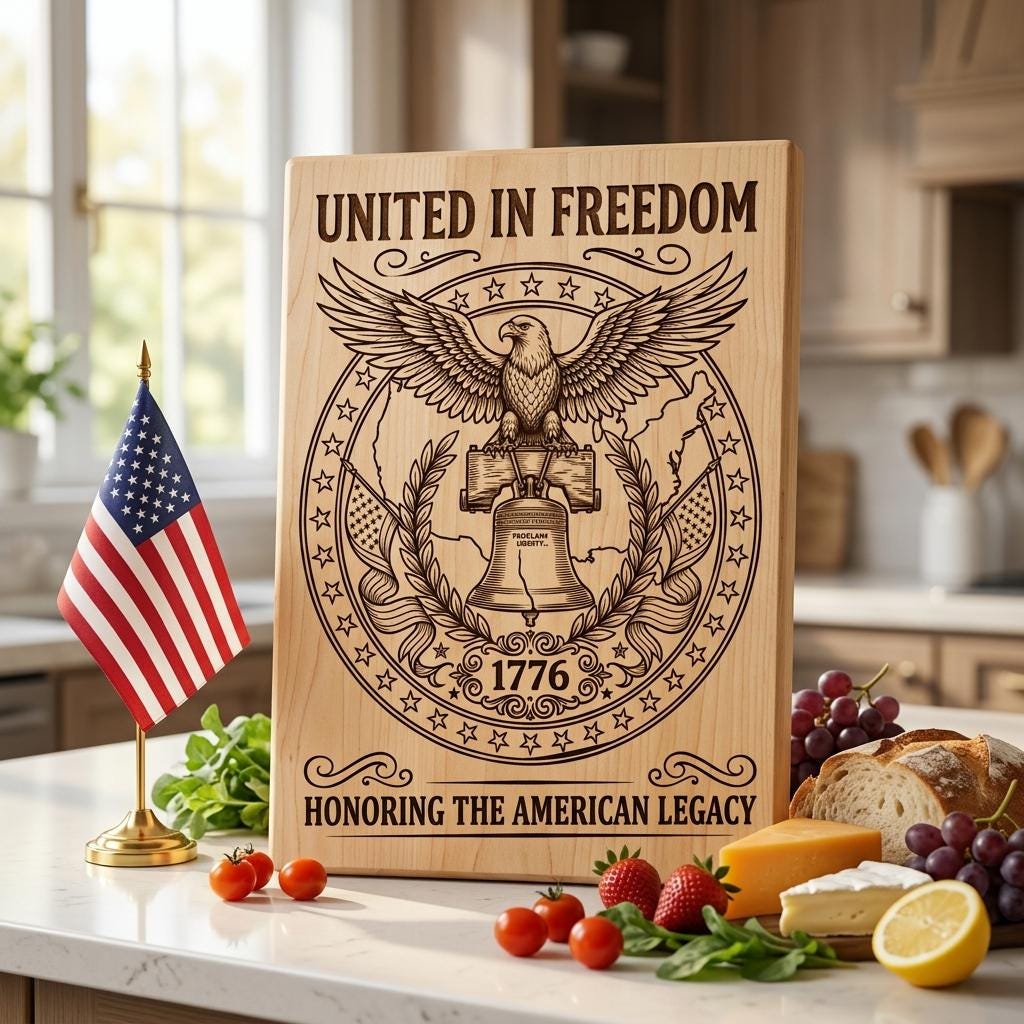 Eagle Flag Laurel Laser Engraving Design, 250th US Anniversary, Chopping Board