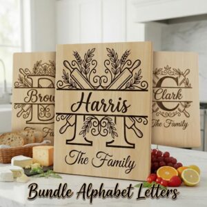 Engraving File Bundle, Monogram Family Name, Kitchen Heritage, Rolling Pin Laurel Alphabet Designs