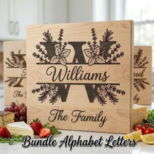 Herb Monogram Alphabet for Engraving, Rustic Family Name, Custom Wedding Gift