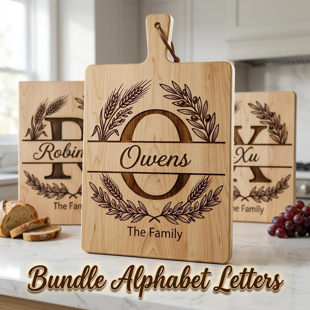 Monogram Alphabet Engraving File, Custom Family Name, Wheat Olive Branch Board Design