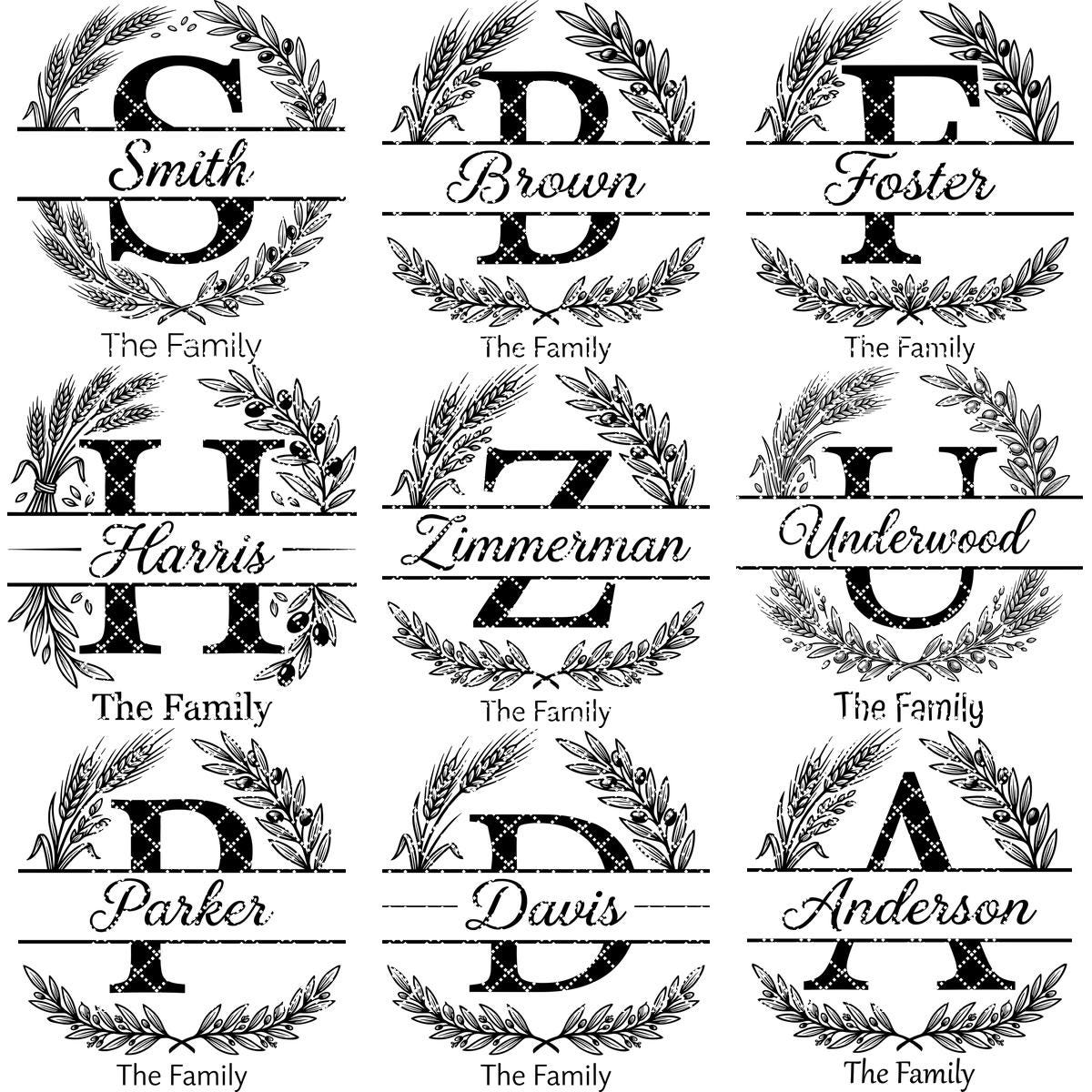 Fichier de gravure d'alphabet monogramme, Nom de famille personnalisé, Motif de planche Blé et Branche d'Olivier – Image 12