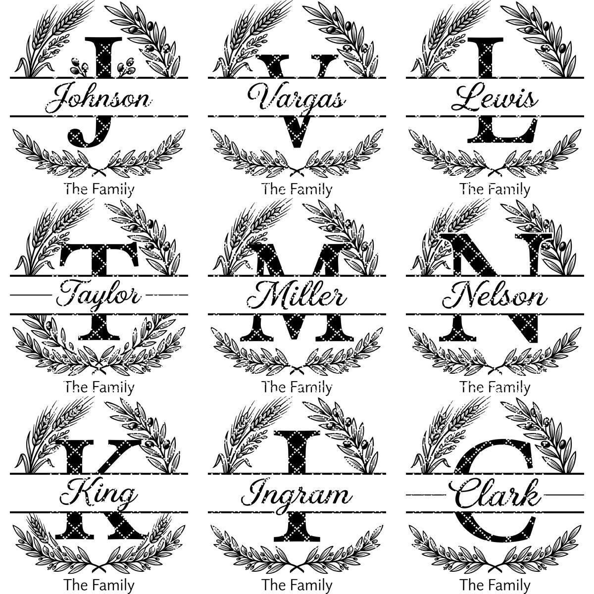 Fichier de gravure d'alphabet monogramme, Nom de famille personnalisé, Motif de planche Blé et Branche d'Olivier – Image 13