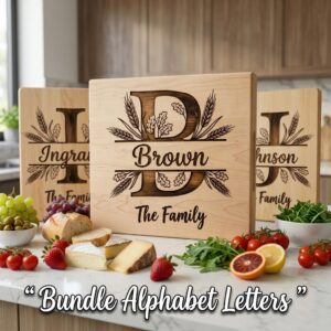 Monogram Rustic Wheat Oak Alphabet Bundle, Custom Family Name Engraving Boards