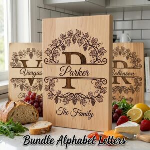 Vintage Vineyard Monogram Board, Custom Family Name Engraving File, Alphabet Bundle