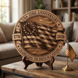 3D Illusion Laser Engraving PNG, USA Anniversary Liberty Symbols, Wood Plaque Design