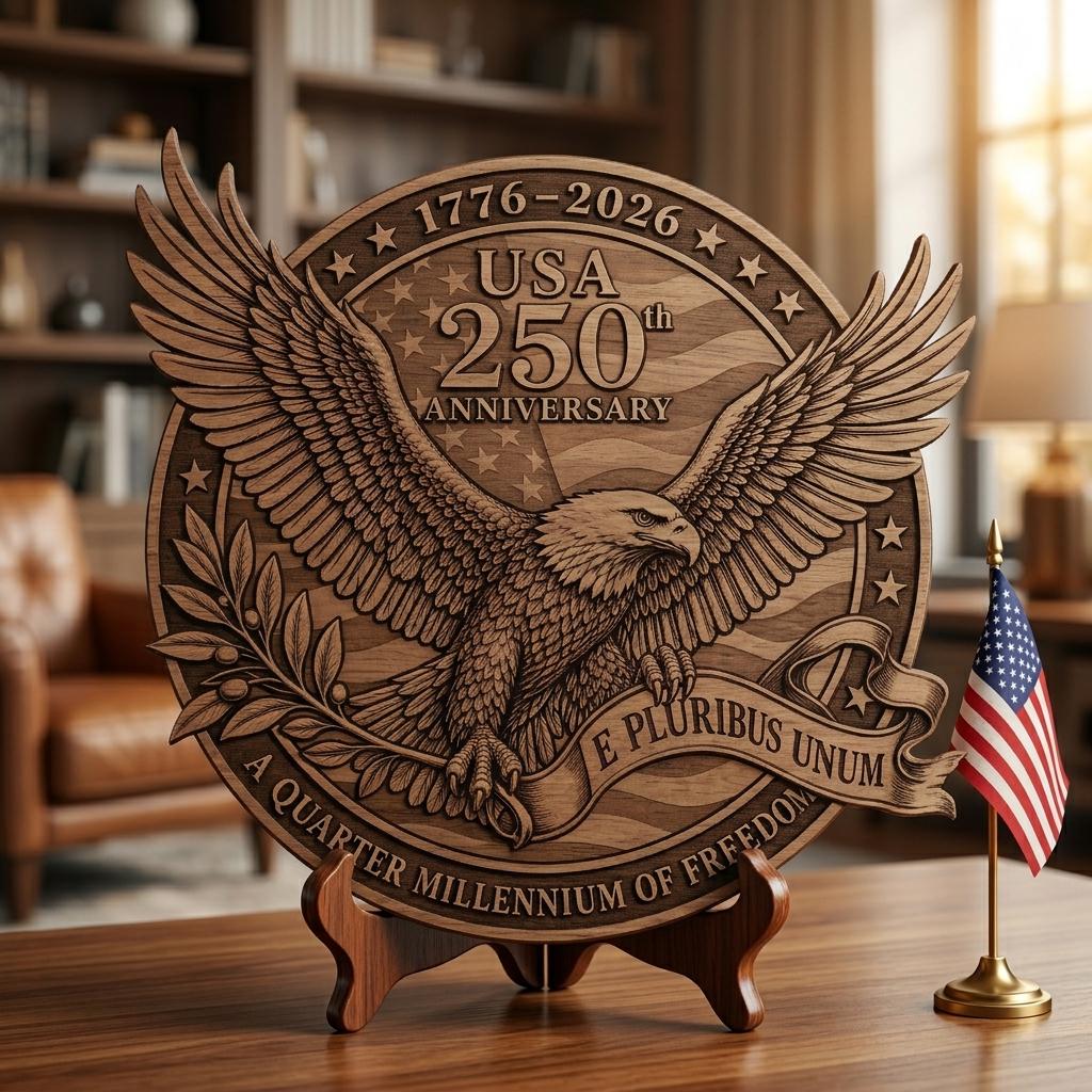 3D Illusion Laser Engraving PNG, USA Anniversary Liberty Symbols, Wood Plaque Design