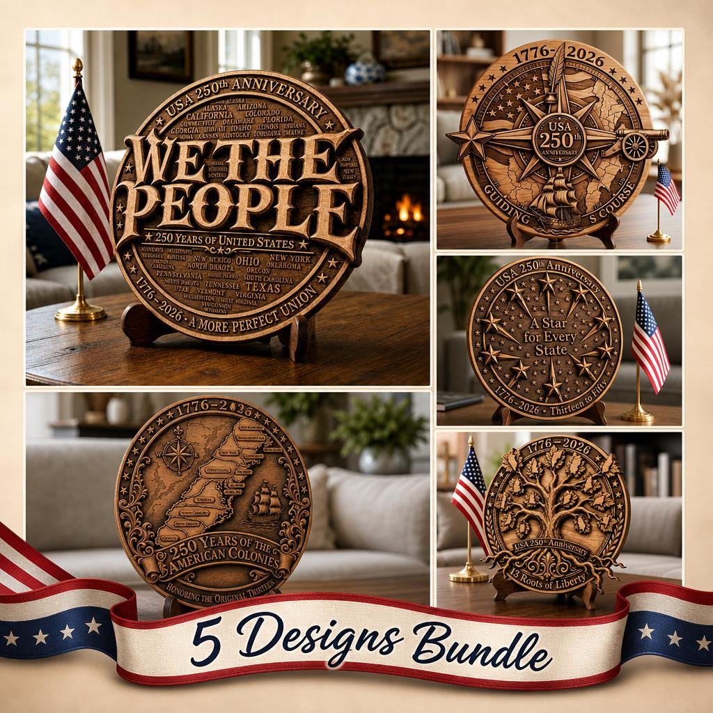 3D Illusion Laser PNG Bundle, Patriotic USA 250 Anniversary Wood Sign Art