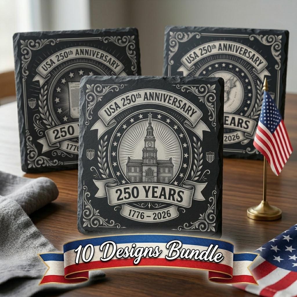 America 250 Engraving PNG Bundle, Patriotic Slate Coaster Laser Templates