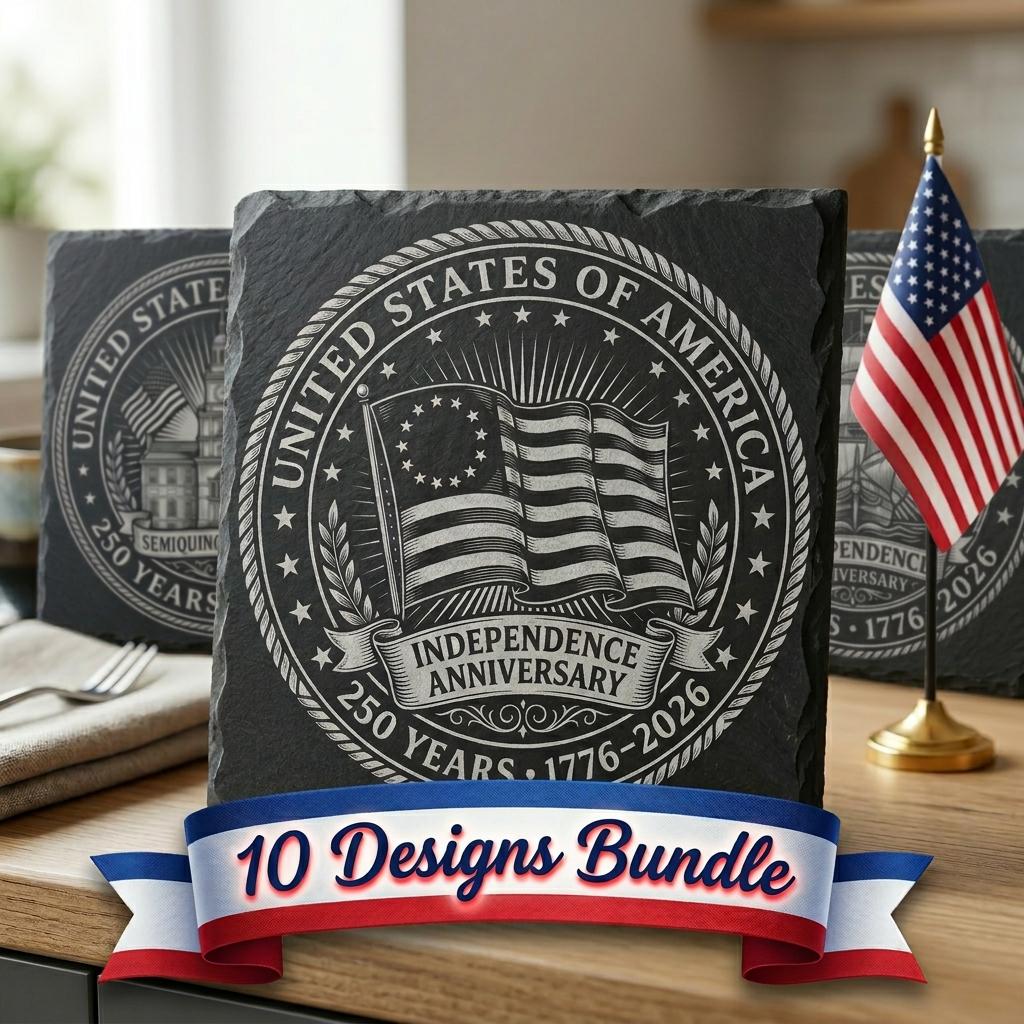 America 250 Laser Engraving Files, Patriotic Slate Coaster Designs, PNG Bundle