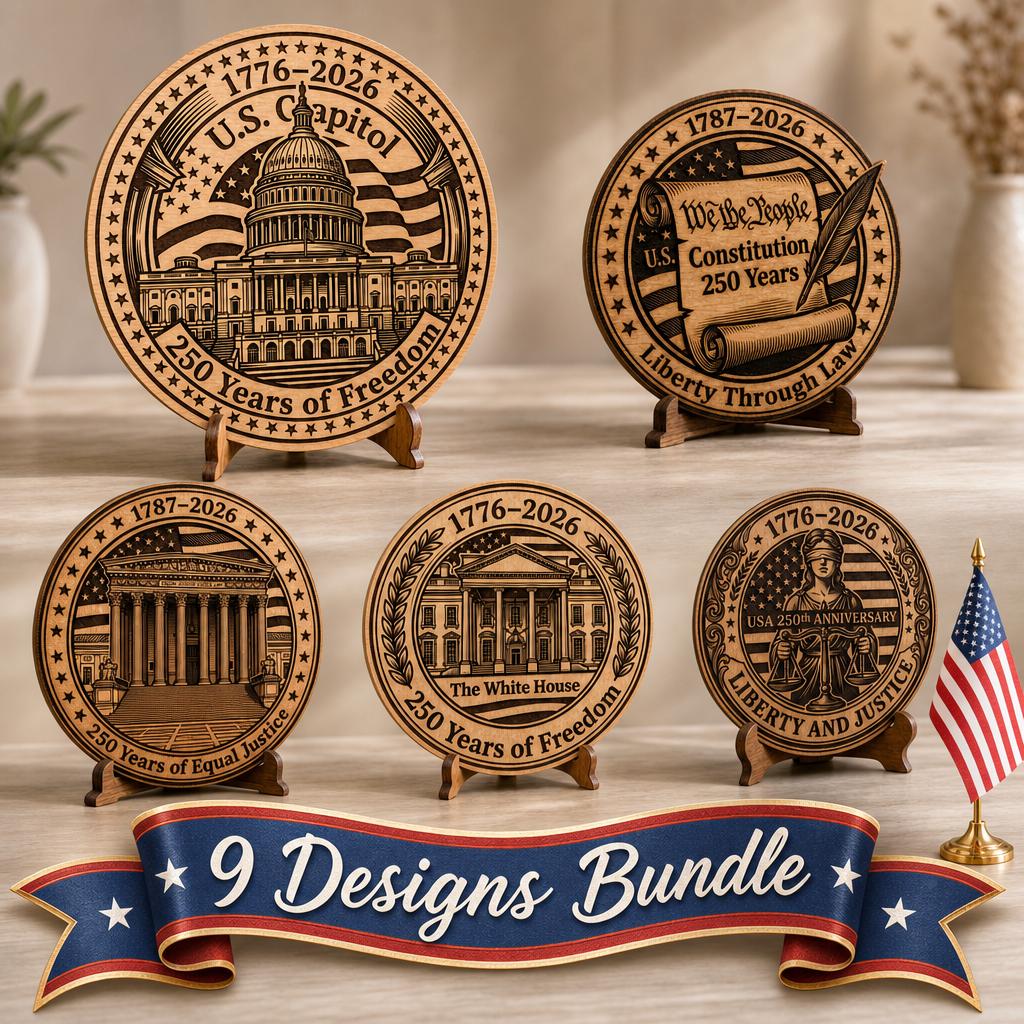 America 250th Anniversary Laser Engraving, Pillars of Democracy Wood Sign Set