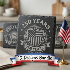 America 250th Patriotic Crest Slate Coaster Designs, Laser Engraving Bundle