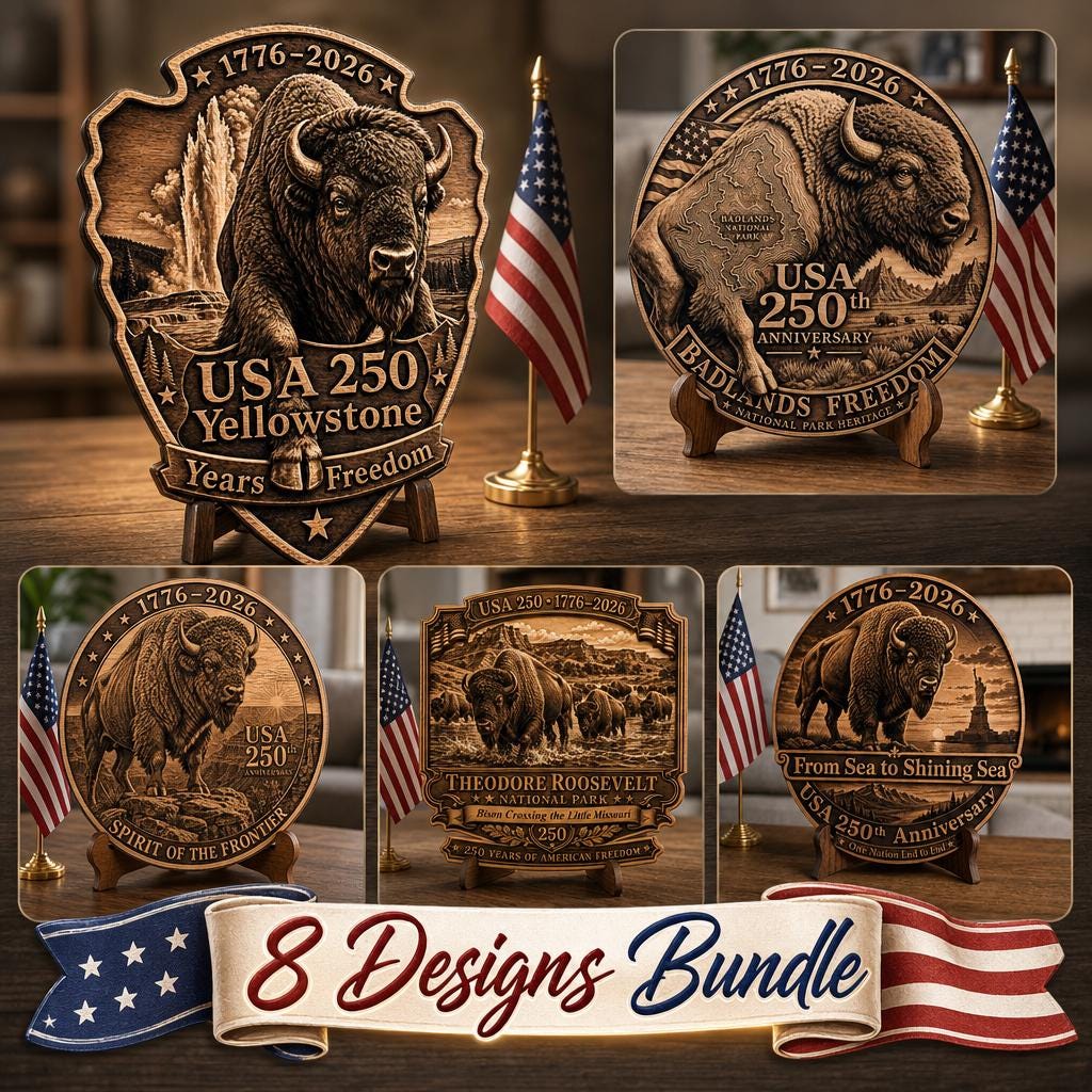 Bison 3D Illusion Laser Engraving, USA 250th, National Park PNG Set