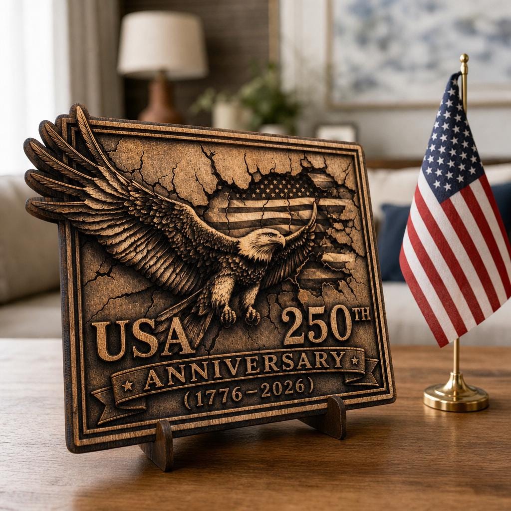 Gravure laser PNG en illusion 3D de l’aigle patriotique, panneau en bois du 250e anniversaire des États-Unis – Image 2
