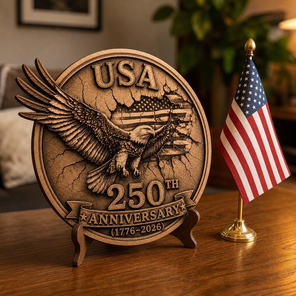 Gravure laser PNG en illusion 3D de l’aigle patriotique, panneau en bois du 250e anniversaire des États-Unis – Image 3