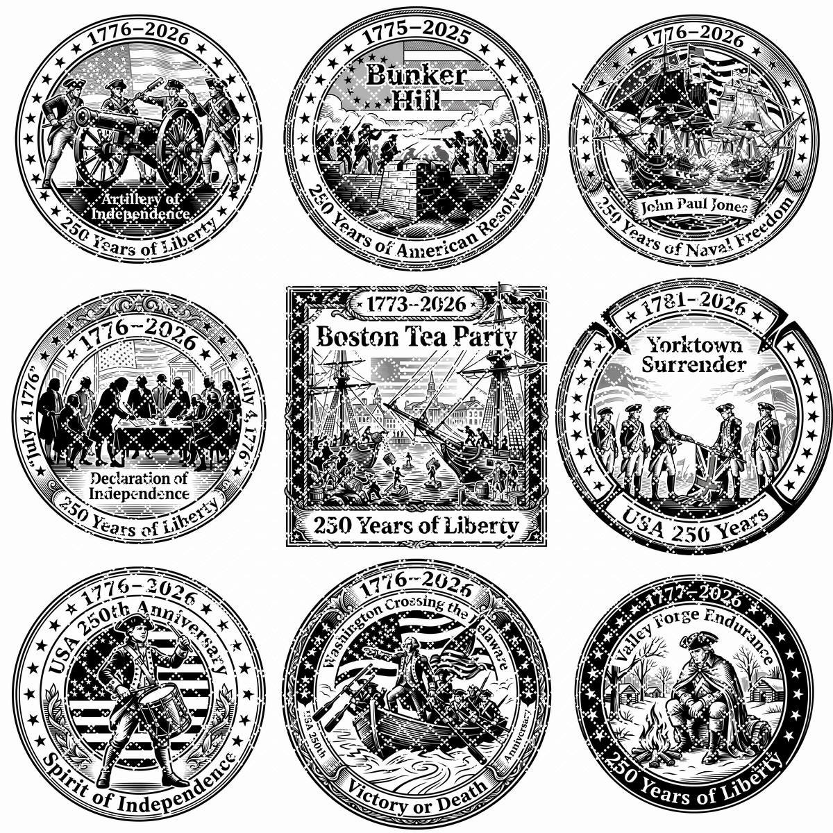 Pacchetto di incisioni sulla Guerra d’Indipendenza, design di cartello in legno patriottico per il 250º anniversario degli USA - immagine 12