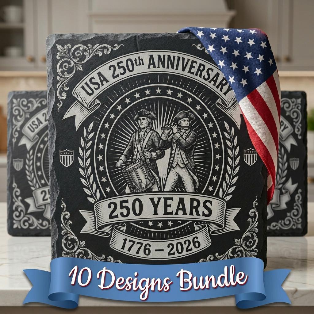 USA 250 Anniversary Patriotic Slate Coaster PNG Set, Laser Engraving Designs 10 Pack