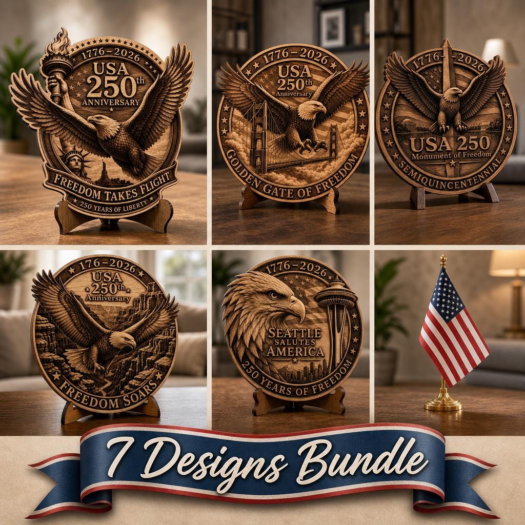 USA 250th Anniversary Laser Engraving Bundle, 3D Patriotic Eagle Wood Signs