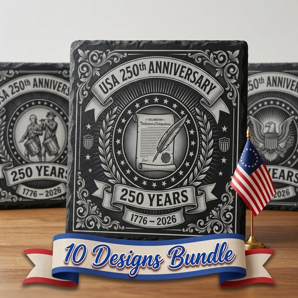 USA 250th Anniversary Patriotic Engraving, Slate Coaster PNG Bundle