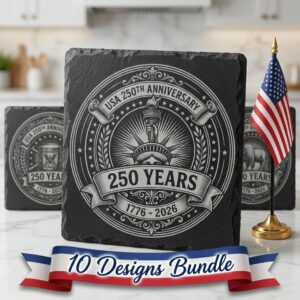 USA 250th Anniversary Patriotic Slate Coaster Engraving Files, 10 PNG Set