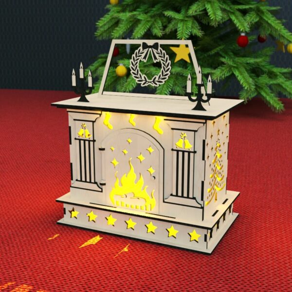 Christmas Fireplace Laser Cut File Candle Holder Lamp