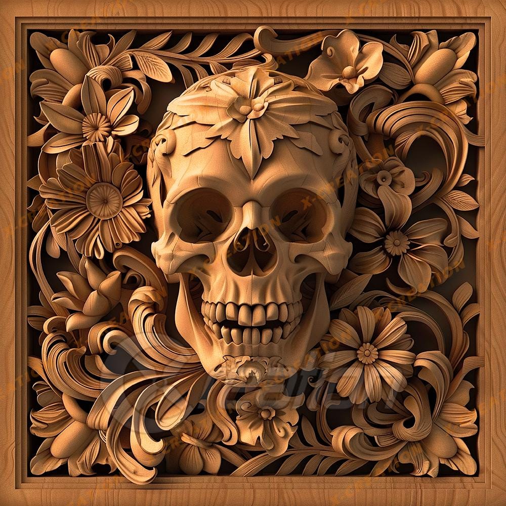 Calavera en 3D con flora – PNG de alta calidad para grabado láser y Glowforge