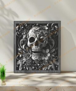 3D-Totenkopf mit Pflanzenmuster – HQ-PNG zum Gravieren und