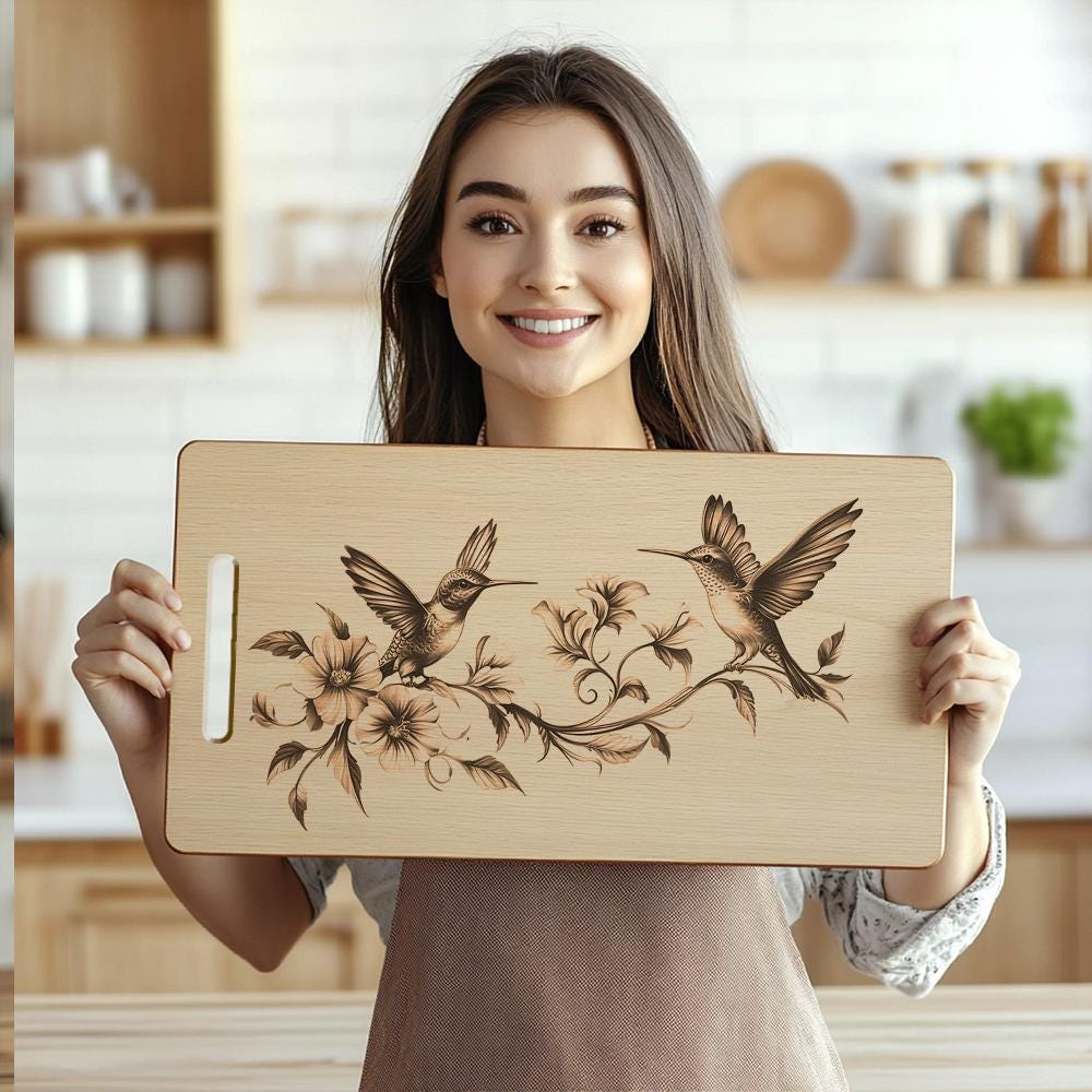 Hummingbird & Flower Charcuterie Board Engraving – HQ PNG