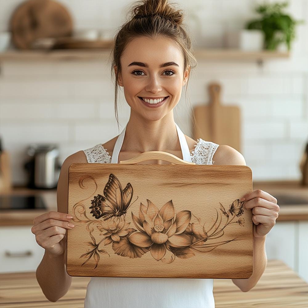 Buttefly & Lotus Charcuterie Board Laser Engraving – HQ PNG