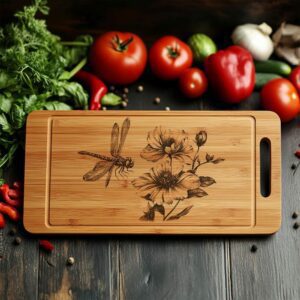 Charcuterie Board Laser Engraving File, Dragonfly, Flower |