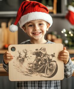 Christmas Santa Claus on Motorcycle, Charcuterie Board Engraving