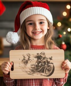 Christmas Santa Claus on Motorcycle, Charcuterie Board Engraving